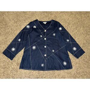 Womens 100% Linen Navy Button Tunic Top Long Sleeve Quiet Luxury Oversized SMALL